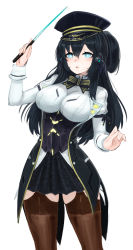 Rule 34 | 1girl, barbariank, black hair, blue eyes, blush, bow, bowtie, breasts, brown thighhighs, commentary, cowboy shot, english commentary, hair between eyes, hand up, hat, highres, holding, holding wand, juliet sleeves, large breasts, long hair, long sleeves, looking at viewer, open mouth, original, peaked cap, phantasy star, phantasy star online 2, puffy sleeves, simple background, solo, thighhighs, wand, white background