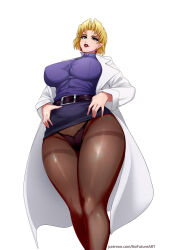 Rule 34 | 1girl, absurdres, akagi ritsuko, alternate breast size, artist name, belt, belt buckle, blonde hair, breasts, buckle, clothes lift, coat, curvy, dress, ear piercing, earrings, green eyes, highres, jewelry, lab coat, large breasts, lips, looking at viewer, neon genesis evangelion, nofuture, open clothes, open coat, paid reward available, panties, pantyhose, parted bangs, parted lips, patreon username, piercing, purple shirt, red lips, shiny clothes, shirt, short dress, short hair, simple background, skirt, skirt lift, thong, underwear, upper body, white background, wide hips