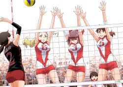 Rule 34 | 5girls, :i, arm up, arms up, artist name, ball, black hair, black shirt, blocking, blonde hair, brown eyes, brown hair, closed eyes, commentary request, crowd, dated, elbow pads, fading, girls und panzer, grimace, hair pulled back, hair tie, hairband, headband, highres, isobe noriko, jumping, kawanishi shinobu, knee pads, kondou taeko, leaning forward, long hair, looking at another, medium hair, multiple girls, open mouth, partial commentary, playing sports, ponytail, red headband, red shirt, red shorts, sasaki akebi, satou yasu, shirt, short hair, short ponytail, short shorts, shorts, signature, single vertical stripe, sleeveless, sleeveless shirt, sportswear, translated, v-shaped eyebrows, volleyball, volleyball (object), volleyball net, volleyball uniform, white background, white hairband, yellow eyes