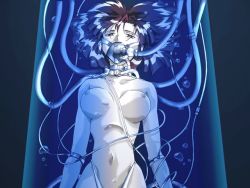 Rule 34 | 1girl, another world (g-crazy), araki hideki, breasts, brown hair, bubble, cable, extra, female focus, game cg, large breasts, machine, nipples, nude, oxygen mask, solo, stasis tank, topless, topless frame, underwater, upper body, water, wire