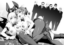 Rule 34 | 2girls, 6+boys, animal ears, ass, blush, bow, bowtie, breasts, breasts out, cleavage, curvy, dated, detached collar, fake animal ears, formal, hair ornament, happy, high heels, highleg, highleg leotard, hime-chan (kon-kit), holding, holding weapon, huge ass, kon-kit, large breasts, leotard, leotard pull, long hair, looking at another, looking at viewer, monochrome, multiple boys, multiple girls, nipples, open mouth, original, pantyhose, playboy bunny, rabbit ears, rabbit tail, shiny clothes, shiny skin, simple background, smile, suit, thong, twintails, underwear, weapon, white background, wide hips, wrist cuffs