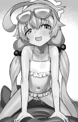 Rule 34 | 1girl, ahoge, alternate costume, alternate hairstyle, blue archive, blush, collarbone, frilled swimsuit, frills, greyscale, hair between eyes, hair bobbles, hair ornament, highres, hoshino (blue archive), inflatable toy, looking at viewer, low twintails, miyamae (miyazen9311), monochrome, open mouth, sidelocks, simple background, solo, swimsuit, twintails, wet