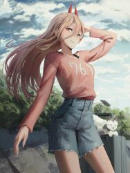 Rule 34 | 1girl, absurdres, ao desu2222, arm up, blonde hair, blue sky, bra, bush, cat, chainsaw man, closed eyes, cloud, floating hair, hair between eyes, highres, long hair, looking at viewer, meowy (chainsaw man), pants, pink sweater, power (chainsaw man), shirt tucked in, sky, smile, solo focus, sweater, torn clothes, torn pants, trash can, underwear, white cat, yellow eyes
