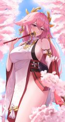 Rule 34 | 1girl, absurdres, animal ears, bare legs, bare shoulders, blue sky, blush, breasts, cherry blossoms, crossed bangs, day, detached sleeves, doham, earrings, fingernails, floppy ears, floral print, fox ears, genshin impact, gohei, hair between eyes, hair ornament, hakama, highres, holding, japanese clothes, jewelry, large breasts, long hair, long sleeves, looking at viewer, low-tied long hair, nail polish, nontraditional miko, outdoors, pendant choker, pink hair, pink nails, pinky out, purple eyes, red skirt, shirt, sideboob, skirt, sky, smile, solo, tassel, turtleneck, vision (genshin impact), white shirt, white sleeves, wide sleeves, yae miko