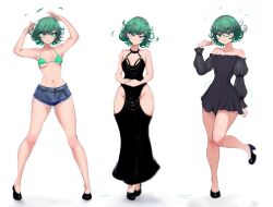 Rule 34 | 1girl, absurdres, arms up, bare shoulders, bikini, bikini top only, breasts, curvy, female focus, green eyes, green hair, hehevich, highres, hip vent, looking at viewer, matching hair/eyes, navel, one-punch man, short hair, short shorts, shorts, small breasts, solo, tatsumaki, wide hips