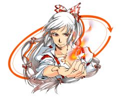 Rule 34 | 1girl, bow, colored eyelashes, female focus, fingernails, fire, fujiwara no mokou, hair bow, hibino chitose, light smile, outstretched hand, red eyes, silver hair, solo, touhou, white background