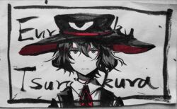 Rule 34 | 1other, androgynous, character name, closed mouth, cocopalm, collared shirt, enraku tsubakura, expressionless, hair between eyes, hat, highres, len&#039;en, looking at viewer, marker (medium), neck ribbon, other focus, portrait, red ribbon, ribbon, shirt, short hair, solo, spot color, traditional media