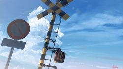 Rule 34 | absurdres, banishment, blue sky, cloud, cloudy sky, commentary request, day, highres, no humans, original, outdoors, railroad crossing, road sign, scenery, sign, signature, sky, summer