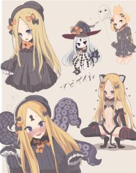 Rule 34 | 1girl, abigail williams (fate), absurdres, animal ears, balloon, bandaid, bandaid on face, bandaid on forehead, bare shoulders, belt, black bow, black dress, black gloves, black jacket, black leotard, black thighhighs, blonde hair, blue eyes, blush, bow, cat ears, cat tail, center opening, closed mouth, cosplay, crossed bandaids, dress, fate/grand order, fate/kaleid liner prisma illya, fate (series), forehead, full-face blush, fur collar, fur trim, gloves, gyaito, hair bow, hair bun, hat, heroic spirit traveling outfit, high collar, highres, illyasviel von einzbern, illyasviel von einzbern (cosplay), jacket, key, keyhole, leotard, long hair, long sleeves, looking at viewer, multiple views, navel, open mouth, orange bow, parted bangs, red eyes, simple background, single hair bun, sleeves past fingers, sleeves past wrists, smile, squatting, staff, tail, tentacles, thighhighs, thighs, white hair, witch hat