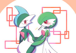 Rule 34 | 1boy, 1girl, annoyed, blue hair, blush, bob cut, closed mouth, colored skin, cowboy shot, creatures (company), drop shadow, flat chest, food, from side, gallade, game freak, gardevoir, gen 3 pokemon, gen 4 pokemon, green hair, green skin, hair over one eye, half-closed eyes, holding another&#039;s arm, looking at another, looking back, looking down, mohawk, mouth hold, multicolored hair, multicolored skin, nervous, nintendo, no mouth, notice lines, pocky, pokemon, pokemon (creature), profile, ronen, standing, sweat, two-tone hair, two-tone skin, white background, white skin