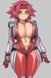 Rule 34 | 1girl, blue eyes, blush, bodysuit, breasts, closed mouth, code geass, collarbone, cowboy shot, embarrassed, gloves, grey background, headband, highres, huge breasts, kouzuki kallen, kelvin hiu, long sleeves, looking to the side, navel, no bra, open clothes, outline, popped collar, red bodysuit, red gloves, red hair, short hair, shoulder pads, simple background, solo, standing, sweat, white outline, wide hips