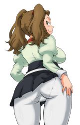 Rule 34 | 1girl, absurdres, ass, blush, breasts, brown eyes, brown hair, come hither, deep skin, from behind, gundam, gundam build fighters, gundam build fighters try, hair ornament, hand on ass, highres, large breasts, long hair, looking at viewer, looking back, malev, pantyhose, pantylines, parted lips, sazaki kaoruko, shirt, sideboob, smile, solo, twintails