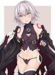 Rule 34 | 1girl, arm belt, bad id, bad pixiv id, bandaged arm, bandages, belt, belt buckle, black belt, black cloak, black gloves, black panties, black shirt, black thighhighs, blush, breasts, brown background, buckle, cloak, commentary request, cowboy shot, dagger, dual wielding, facial scar, fate/apocrypha, fate/grand order, fate (series), fingerless gloves, gloves, green eyes, hair between eyes, head tilt, holding, holding dagger, holding knife, holding weapon, jack the ripper (fate/apocrypha), knife, looking at viewer, lowleg, mizoredama, navel, off shoulder, panties, reverse grip, scar, scar across eye, scar on cheek, scar on face, shirt, short hair, shoulder tattoo, silver hair, single glove, sleeveless, sleeveless shirt, small breasts, solo, tattoo, thighhighs, torn cloak, torn clothes, two-tone background, underwear, weapon, white background