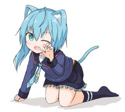 Rule 34 | 10s, 1girl, ahoge, all fours, alternate eye color, animal ears, asymmetrical hair, blouse, blue hair, blue necktie, blue shirt, blue shorts, blue socks, cat ears, cat tail, crescent, crescent pin, fang, frilled shorts, frills, green eyes, kantai collection, kemonomimi mode, kneehighs, long sleeves, looking at viewer, minazuki (kancolle), necktie, one eye closed, open mouth, school uniform, serafuku, shirt, short hair, short hair with long locks, shorts, simple background, socks, solo, tail, white background, yamato tachibana