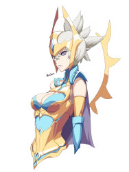 Rule 34 | 1girl, alternate costume, alternate hairstyle, armor, grey hair, headgear, highres, kumiko shiba, league of legends, lipstick, looking to the side, makeup, purple eyes, simple background, solo, syndra, upper body, white background