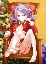 Rule 34 | 1girl, bad id, bad pixiv id, breasts, chair, christmas, covered erect nipples, feet, feet on chair, garter straps, gift, hms juno (zhan jian shao nyu), juno (warship girls r), looking at viewer, no shoes, purple hair, sitting, small breasts, smile, soles, solo, thighhighs, warship girls r, white thighhighs, yellow eyes, yuemanhuaikong