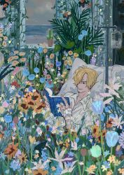 Rule 34 | 1boy, bandages, bed, blonde hair, blue flower, blue theme, facial hair, feleven, flower, highres, hospital bed, indoors, intravenous drip, lying, on back, one piece, plant, reading, sanji (one piece), smile, solo, window