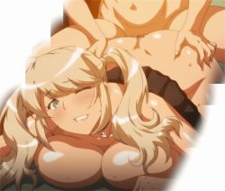 Rule 34 | 1girl, animated, animated gif, ass, ass grab, blonde hair, blush, breasts, censored, choker, cleavage, cross, deep skin, dimples of venus, ecchi na onee-chan ni shiboraretai, green eyes, groping, gyaru, hetero, highres, huge ass, incest, kogal, large breasts, lips, megumi-chan, one eye closed, open mouth, sex, shiny skin, stitched, tan, third-party edit, twintails, vaginal, waifu2x