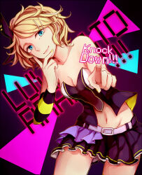 1girl blonde_hair blue_eyes bow breasts cleavage collarbone hair_bow hair_ornament hair_ribbon hairclip kagamine_rin looking_at_viewer luvoratorrrrry!_(vocaloid) midriff navel ribbon shirt short_hair skirt small_breasts smile solo sonozaki03 thighhighs vocaloid