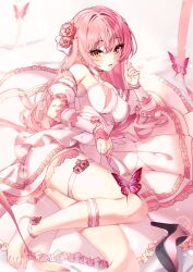 Rule 34 | 1girl, absurdres, arm garter, barefoot, blush, bug, butterfly, flower, hair flower, hair ornament, highres, idolmaster, idolmaster cinderella girls, insect, jougasaki mika, looking at viewer, lying, on side, photoshop (medium), pink butterfly, pink hair, pink theme, shoes, unworn shoes, solo, straight hair, sutoroa, thigh strap, yellow eyes