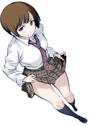 Rule 34 | 1girl, blush, brown eyes, brown hair, clothes lift, dutch angle, from above, groin, kneehighs, loafers, looking up, naughty face, necktie, no panties, original, plaid, plaid skirt, school uniform, shoes, short hair, simple background, skirt, skirt lift, smile, socks, solo, standing, twinpoo, white background
