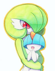 Rule 34 | alternate color, blue hair, bob cut, colored pencil (medium), colored skin, creatures (company), game freak, gardevoir, gen 3 pokemon, green hair, hair over eyes, hair over one eye, highres, multicolored skin, nintendo, open mouth, pink eyes, pokemon, pokemon (creature), ralts, shiny pokemon, simple background, smile, traditional media, two-tone skin, white background, white skin, yuka (yukaaaaaaa0705)
