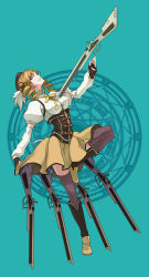 Rule 34 | 10s, 1girl, beret, blonde hair, boots, breasts, brown thighhighs, corset, cowboy boots, detached sleeves, drill hair, fingerless gloves, full body, gloves, gun, hair ornament, hairpin, hat, highres, leg up, magic circle, magical girl, magical musket, mahou shoujo madoka magica, mahou shoujo madoka magica (anime), patterned legwear, pinstripe pattern, pleated skirt, puffy sleeves, ribbon, rifle, sami (object dump), shirt, skirt, solo, standing, standing on one leg, striped clothes, striped thighhighs, taut clothes, taut shirt, thighhighs, tomoe mami, twin drills, vertical-striped clothes, vertical-striped thighhighs, weapon, yellow eyes, zettai ryouiki
