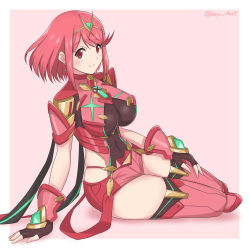 Rule 34 | 1girl, absurdres, black gloves, breasts, chest jewel, earrings, fingerless gloves, gem, gloves, headpiece, highres, jewelry, large breasts, pyra (xenoblade), red eyes, red hair, red shorts, red thighhighs, ryochan96154, short hair, short shorts, shorts, solo, swept bangs, thighhighs, thighs, tiara, xenoblade chronicles (series), xenoblade chronicles 2