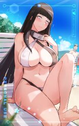 Rule 34 | 1boy, 1girl, bare shoulders, barefoot, beach, bikini, black hair, blonde hair, blue sky, blunt bangs, blush, breasts, closed mouth, cloud, covered erect nipples, day, facial mark, headband around neck, highres, hime cut, holding, holding surfboard, hsin, hyuuga hinata, konohagakure symbol, large breasts, looking at viewer, naruto: the last, naruto (series), navel, outdoors, sitting, sky, solo focus, stomach, surfboard, swimsuit, thighs, uzumaki naruto, whisker markings, white eyes