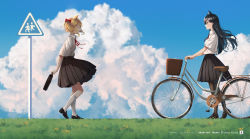 Rule 34 | 2girls, alternate costume, animal ear fluff, animal ears, arknights, artist name, bag, bicycle, bicycle basket, black footwear, black hair, black skirt, black socks, blonde hair, blue sky, bow, briefcase, brown eyes, closed eyes, closed mouth, collared shirt, day, food, from side, full body, grass, hair bow, highres, holding, holding bag, kneehighs, loafers, looking at another, medium skirt, mouth hold, multiple girls, no tail, outdoors, pantyhose, pleated skirt, pocky, red bow, road sign, school briefcase, shirt, shoes, short hair, short sleeves, short twintails, sign, sin., skirt, sky, smile, socks, sora (arknights), texas (arknights), twintails, walking, walking backwards, white legwear, white shirt, wolf ears