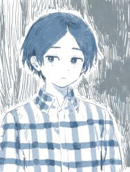 Rule 34 | 1boy, blue theme, closed mouth, collared shirt, commentary request, highres, limited palette, male focus, mole, mole under eye, muji (uimss), original, plaid, plaid shirt, shirt, short hair, solo, upper body