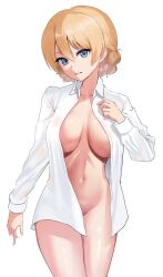 Rule 34 | 1girl, absurdres, blonde hair, blue eyes, braid, breasts, collarbone, darjeeling (girls und panzer), french braid, girls und panzer, highres, large breasts, lazurite (user 8870367), long sleeves, looking at viewer, medium hair, navel, open clothes, open shirt, parted lips, shirt, simple background, solo, white background, white shirt