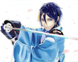 Rule 34 | 1boy, blue eyes, blue hair, blue pupils, bright pupils, closed mouth, gauntlets, glint, gloves, greatmosu, hair between eyes, haori, highres, holding, holding sword, holding weapon, japanese clothes, katana, long sleeves, looking at viewer, male focus, mikazuki munechika, purple gloves, smile, solo, sword, tassel, touken ranbu, two-handed, upper body, weapon