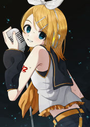 Rule 34 | 1girl, absurdres, bare shoulders, black sailor collar, blonde hair, blue eyes, blush, bow, detached sleeves, frilled shirt, frills, from side, grin, hair bow, hair ornament, hairclip, headphones, headset, highres, holding, holding microphone, kagamine rin, keylow, looking at viewer, microphone, midriff, neckerchief, number tattoo, sailor collar, sailor shirt, shirt, shorts, shoulder tattoo, sleeveless, sleeveless shirt, smile, solo, sweat, sweatdrop, tattoo, upper body, vocaloid, white bow, yellow neckerchief