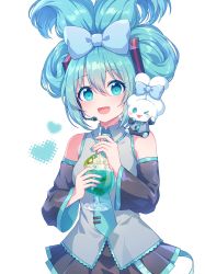 Rule 34 | 1girl, :d, absurdres, animal, animal on shoulder, aqua eyes, aqua hair, bare shoulders, black skirt, bow, cinnamiku, cinnamoroll, cowboy shot, crossover, cup, detached sleeves, drinking straw, glass, hair bow, hatsune miku, highres, holding, holding cup, kaoling, long hair, looking at viewer, matching outfits, necktie, open mouth, pleated skirt, rabbit, sanrio, shirt, simple background, skirt, sleeveless, smile, tied ears, updo, vocaloid, white background