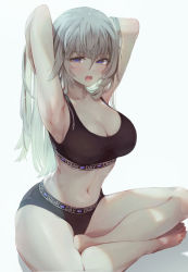 Rule 34 | 1girl, :o, armpits, arms up, bare arms, bare shoulders, barefoot, black buruma, black sports bra, blue eyes, breasts, bunching hair, buruma, cleavage, crop top, grey hair, indian style, large breasts, long hair, looking at viewer, midriff, navel, open mouth, original, ponytail, simple background, sitting, sleeveless, solo, sports bra, stomach, syuri22, thighs, white background