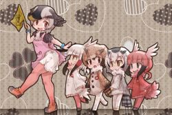 Rule 34 | 10s, 5girls, apron, bird tail, bird wings, black hair, blonde hair, blue hair, bracelet, brown hair, child, coat, commentary request, dress, eurasian eagle owl (kemono friends), flag, frilled dress, frilled sleeves, frills, fur collar, gradient hair, head wings, japanese crested ibis (kemono friends), jewelry, kemono friends, kemono friends 2, kolshica, long sleeves, multicolored hair, multiple girls, northern white-faced owl (kemono friends), pantyhose, red hair, scarf, scarlet ibis (kemono friends), short sleeves, sidelocks, spot-billed duck (kemono friends), tail, white hair, wings