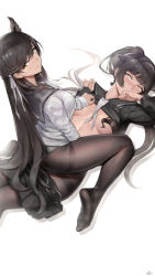 Rule 34 | 2girls, animal ears, atago (azur lane), atago (school traumerei) (azur lane), azur lane, black hair, black legwear, black serafuku, black skirt, blush, breasts, cardigan, closed mouth, clothes lift, clothes pull, commentary request, convenient censoring, covering own mouth, duan henglong, extra ears, from above, girl on top, hair flaps, hand over own mouth, highres, large breasts, long hair, long sleeves, looking at another, looking at viewer, looking up, lying, mole, mole under eye, multiple girls, neckerchief, no bra, no pants, no shoes, on back, open clothes, open skirt, panties, panties under pantyhose, pantyhose, pleated skirt, ponytail, ribbon, sailor collar, school uniform, serafuku, shirt lift, sitting, sitting on person, skirt, skirt pull, smile, soles, swept bangs, takao (azur lane), takao (school romanza) (azur lane), thighband pantyhose, toes, underwear, undressing, uniform, very long hair, white panties, white ribbon, yellow eyes, yuri
