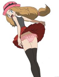 Rule 34 | 1girl, ass, black shirt, black thighhighs, blue eyes, brown hair, clothes lift, creatures (company), floating hair, from behind, game freak, hat, kneepits, long hair, looking at viewer, looking back, mayapazoo, nintendo, open mouth, panties, pink hat, pink panties, pleated skirt, pokemon, pokemon (anime), pokemon xy (anime), red skirt, serena (pokemon), shirt, simple background, skirt, skirt lift, sleeveless, sleeveless shirt, solo, thighhighs, underwear, white background