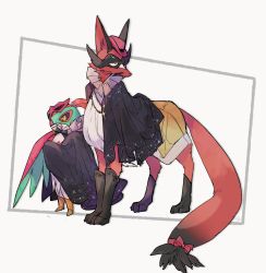 Rule 34 | black cape, boots, brown footwear, cape, chain, clothed pokemon, commentary request, creatures (company), game freak, gen 6 pokemon, gen 8 pokemon, glint, hat, clothed pokemon, hawlucha, highres, looking back, mask, nigiri (ngr24), nintendo, no humans, pink headwear, pokemon, pokemon (creature), standing, thievul