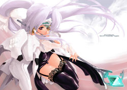 Rule 34 | 1girl, angelan, black thighhighs, full body, gem, glowing, latex, long hair, long sleeves, looking at viewer, miwa yoshikazu, orb, outstretched arm, shiny skin, skin tight, solo, staff, thighhighs, very long hair, virtual on, wand, white hair