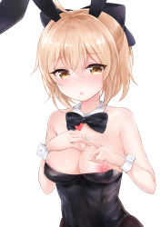 Rule 34 | 1girl, :o, ahoge, animal ears, black bow, black bowtie, black leotard, blush, bow, bowtie, breasts, brown eyes, brown pantyhose, collar, commentary request, detached collar, fake animal ears, fate/grand order, fate (series), hair between eyes, hair bow, heart, index finger raised, koha-ace, leotard, light brown hair, looking at viewer, medium breasts, nikoo, nipple slip, nipples, nose blush, okita souji (fate), okita souji (koha-ace), pantyhose, parted lips, playboy bunny, rabbit ears, simple background, solo, strapless, strapless leotard, upper body, white background, white collar, wrist cuffs