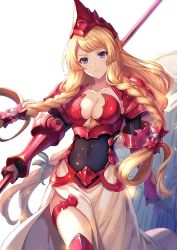 Rule 34 | 1girl, armor, athena (granblue fantasy), black gloves, blonde hair, blue eyes, braid, breasts, chest guard, cleavage, closed mouth, collarbone, covered navel, feet out of frame, gloves, granblue fantasy, hair tubes, headdress, holding, holding polearm, holding weapon, kingyo 114, long hair, looking at viewer, medium breasts, polearm, shield, shoulder armor, smile, solo, spear, tri braids, tri tails, vambraces, weapon