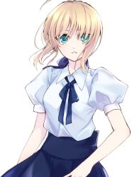 Rule 34 | 1girl, ahoge, aqua eyes, artoria pendragon (all), artoria pendragon (fate), blonde hair, blue bow, blue ribbon, blue skirt, bow, collared shirt, fate/stay night, fate (series), floating hair, hair between eyes, hair bow, highres, looking at viewer, maru (pixiv51714255), neck ribbon, parted lips, ribbon, saber (fate), shirt, short hair with long locks, short sleeves, sidelocks, simple background, skirt, solo, standing, white background, white shirt, wing collar