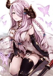 Rule 34 | 10s, 1girl, armpit peek, artist name, asymmetrical gloves, black gloves, black thighhighs, blue eyes, braid, breasts, bug, butterfly, closed mouth, draph, elbow gloves, genyaky, gloves, granblue fantasy, hair ornament, hair over one eye, highres, horns, insect, katana, large breasts, light purple hair, long hair, looking at viewer, low tied hair, narmaya (granblue fantasy), pointy ears, sheath, sheathed, sideboob, single braid, single thighhigh, sitting, sleeveless, smile, solo, sword, thigh strap, thighhighs, uneven gloves, wariza, weapon