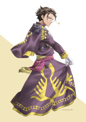 Rule 34 | 1boy, absurdres, artist name, brown hair, capelet, claude von riegan, closed mouth, commentary request, fire emblem, fire emblem: three houses, fire emblem warriors: three hopes, full body, gloves, gold trim, green eyes, highres, long skirt, male focus, midori no baku, nintendo, purple capelet, purple skirt, short hair, skirt, smile, solo, star (symbol), twitter username, two-tone background, white background, white gloves, yellow background