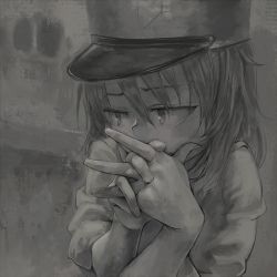 Rule 34 | 1girl, character request, eyelashes, girls und panzer, greyscale, hair between eyes, half-closed eyes, hand to own mouth, hat, head rest, interlocked fingers, long hair, messy hair, monochrome, shirt, simple background, solo, upper body, yasushi