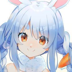 Rule 34 | 1girl, animal ear fluff, animal ears, artist name, bare shoulders, blue hair, braid, carrot hair ornament, commentary, don-chan (usada pekora), english commentary, eyes visible through hair, food-themed hair ornament, hair ornament, hair over eyes, hololive, hololive fantasy, klaeia, looking at viewer, multicolored hair, orange eyes, portrait, rabbit ears, short eyebrows, sidelocks, simple background, smile, solo, split mouth, thick eyebrows, twin braids, two-tone hair, usada pekora, usada pekora (1st costume), v-shaped eyebrows, virtual youtuber, white background, white hair