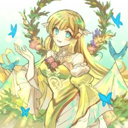 Rule 34 | 1girl, bare shoulders, bird, blonde hair, breasts, bug, butterfly, commission, dress, fire emblem, fire emblem heroes, flower, green dress, highres, insect, large breasts, long hair, looking at viewer, nintendo, open mouth, sorakaza, wreath, ymir (fire emblem heroes)