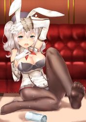 Rule 34 | 1girl, adapted costume, animal ears, black pantyhose, detached collar, detached sleeves, epaulettes, fake animal ears, feet, full body, grey eyes, highres, kantai collection, kashima (kancolle), leotard, long sleeves, no shoes, pantyhose, playboy bunny, rabbit ears, rabbit girl, rin2008, sidelocks, silver hair, sitting, soles, solo, spill, toes, tsurime, twintails, water, wavy hair, wet, wet clothes